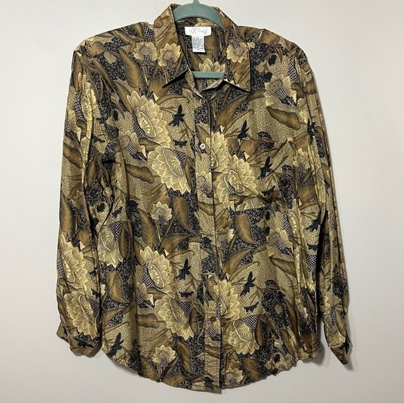 Vintage Boho Top Leaf Print Silk Blouse Eclectic Rare Novelty Print Nature AOP - Picture 9 of 13